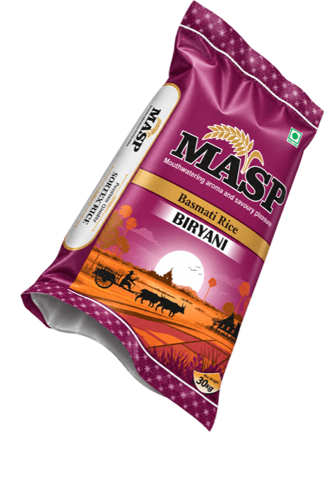 MASP Foods Biryani Basmati Rice packet, tipped to pour